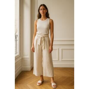 Lafayette 148 Tan LInen Wide Leg Paper Bag Crop Pants 8